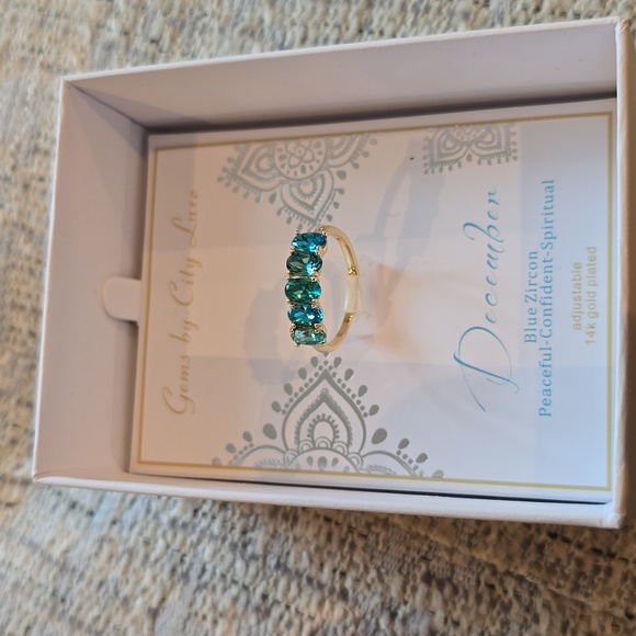 GEMS BY CITY LUXE BLUE ZIRCON ADJUSTABLE 14K GOLD PLATED RING - Picture 2 of 11